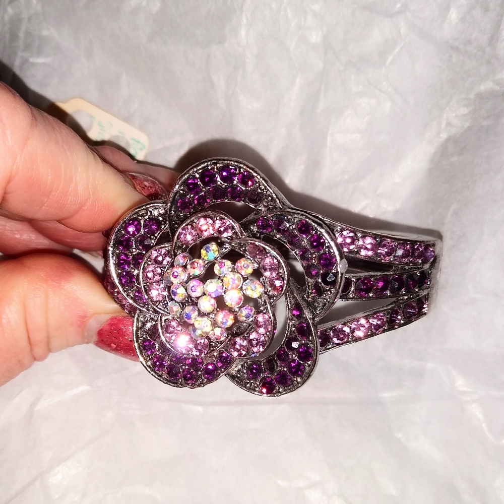 Purple Diamante Crystal Flower Cuff Bangle - Picture 3 of 13